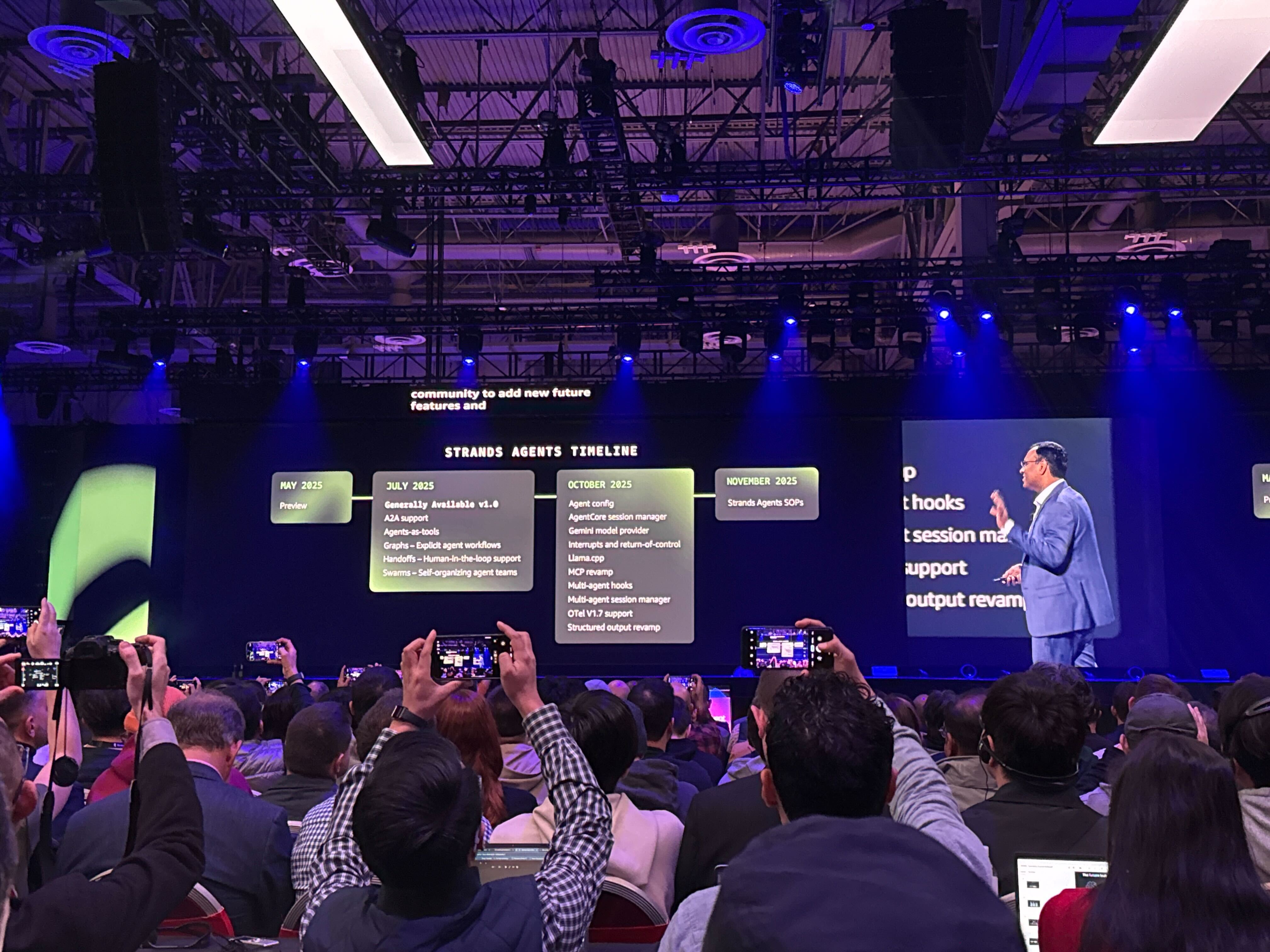 Swami Sivasubramanian pictured on stage discussing Strands SDK during his keynote presentation at AWS re:Invent 2025.