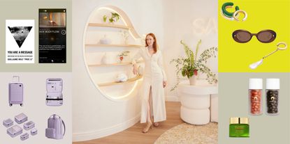 In a collaged image, woman dressed in a white long dress poses in a white-washed wellness center with whimsical decor including a back-lit, obloesque product display. All around her are four squares filled with travel essentials