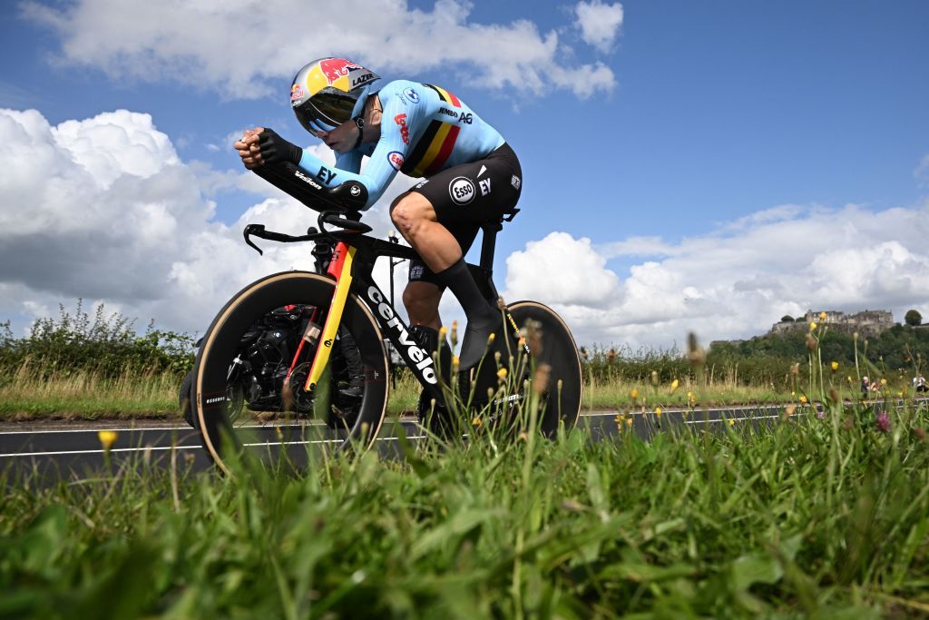 Wout van Aert competing in the elite men&#039;s individual time trial at the 2023 World Championships