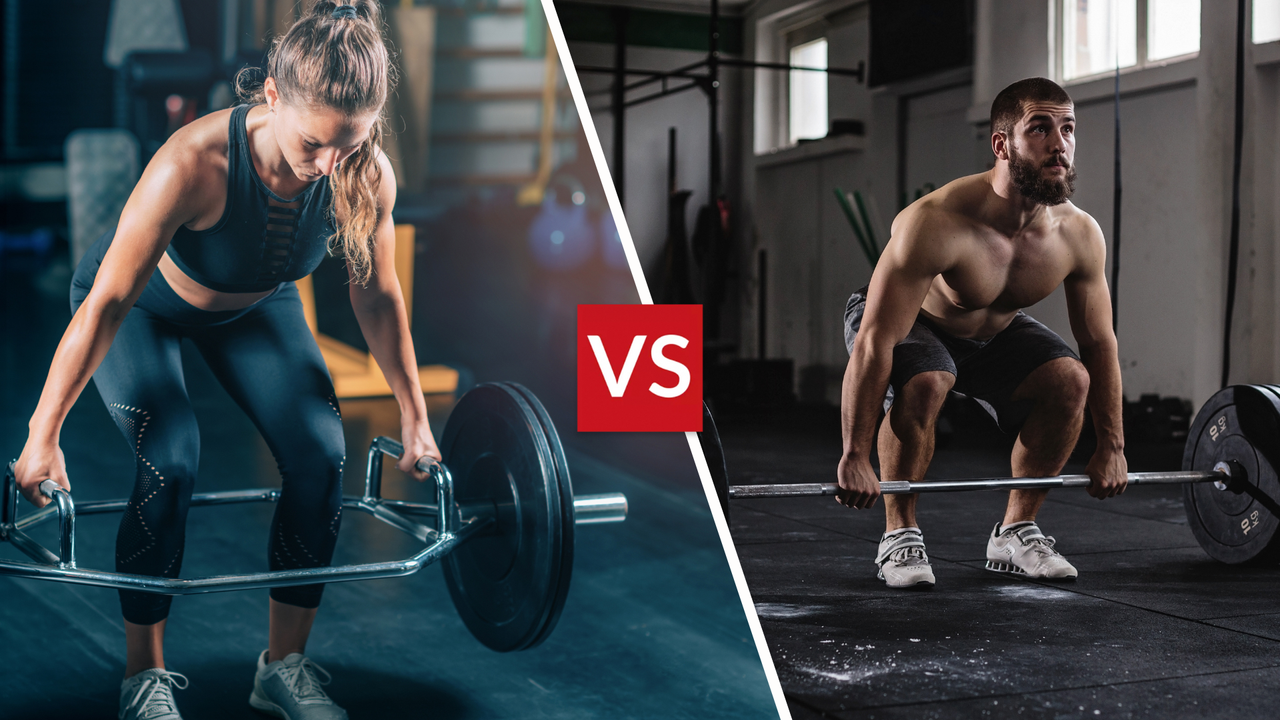 Woman doing trap bar deadlift and man doing conventional deadlift