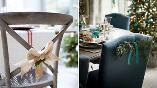 Dining chairs showing Christmas decorating ideas with bows and foliage swags on the back
