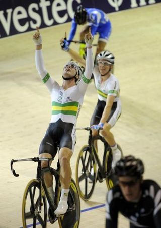 Leigh Howard and Cameron Meyer celebrate their world championship in the men's madison race.
