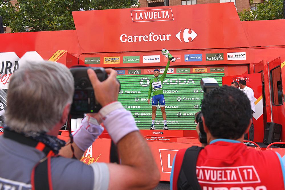 Matteo Trentin in green on the stage 7 Vuelta podium