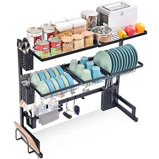 Toolf Over the Sink Dish Drying Rack, Adjustable Length(29.4"-37.4") Height, 3 Tier Large Capacity Dish Rack, Sink Organize Stand Shelf, Kitchen Counter Supplies Storage for Plates Bowls Pots, Black