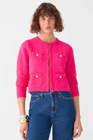 Barbiecore Hot Pink Trend 2023 | J.Crew Odette Sweater Lady Jacket in Cotton-Blend Bouclé