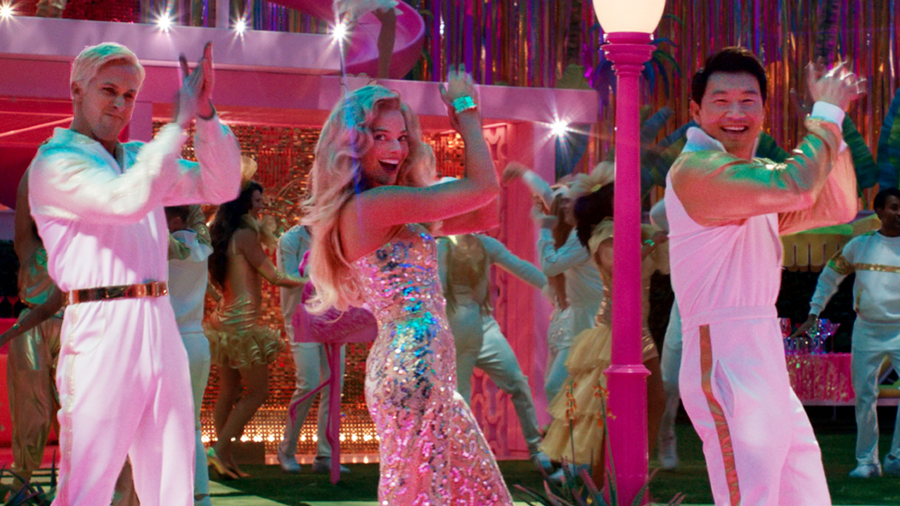 Ryan Gosling Margot Robbie and Simu Liu dancing at the dream house in Barbie.