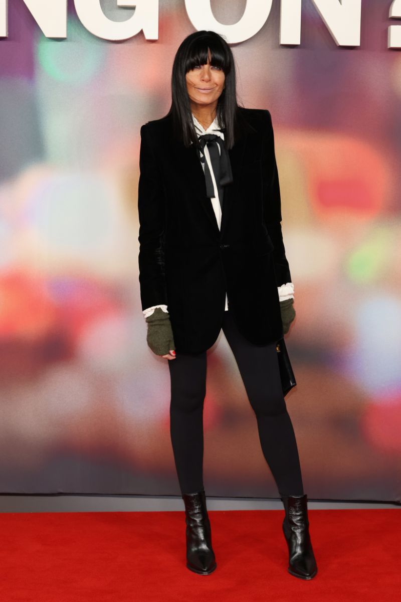 Claudia Winkleman in tailoring, black leggings and gloves
