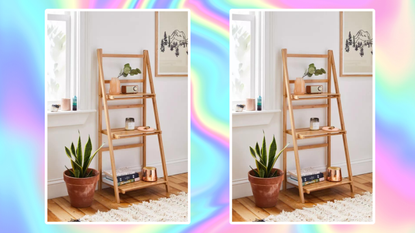Two images of wooden shelves on rainbow background