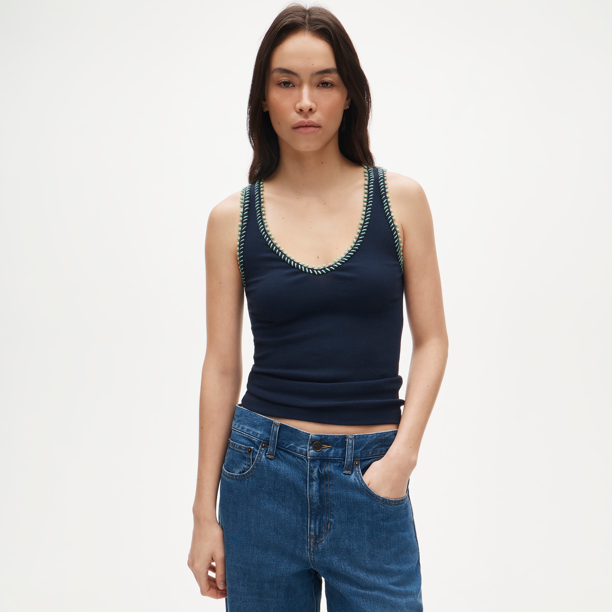 Perfect Rib V-Neck Tank Top With Hand-Stitched Trim