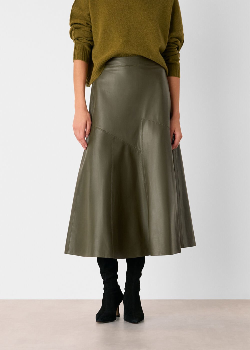 Khaki Zig Zag Panel Leather Skirt