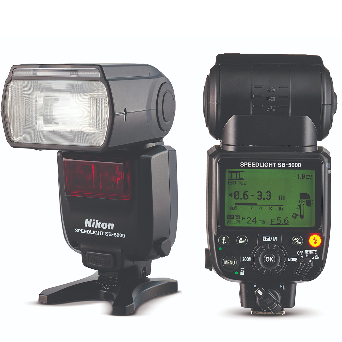 Front and rear of Nikon SB-5000 Speedlight in a white square