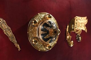 Detail of a shield, believed to have belonged to King Raedwald of East Anglia, on display in the new exhibition at the National Trust's Sutton Hoo site.