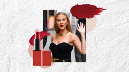 Scarlett Johansson is pictured wearing red lipstick and a black dress whilst arriving for "The Late Show with Stephen Colbert" in Manhattan on September 22, 2025 in New York City/ featured in a paper effect template and with a product shot of the Hung Vanngo Beauty Creamy Matte Longwear Lipstick with Hyaluronic Acid in New York Red, as well as a red lipstick swatch.