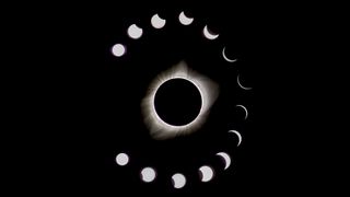 during a total solar eclipse the sun appears as a dark spot with bright white light beaming out from behind. A series of phases surround the main eclipse image, showing the moon take a progressively bigger "bite" out of the sun. 