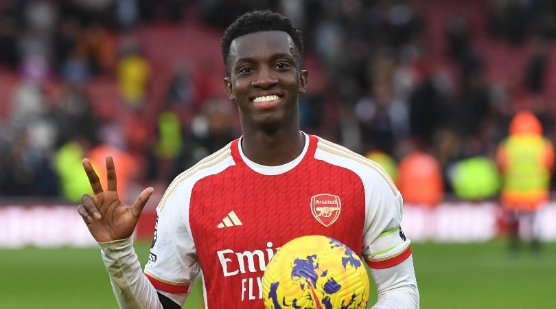 Arsenal&#039;s Eddie Nketiah celebates with the match ball after scoring a hat-trick against Sheffield United in October 2023.