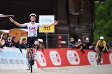 BLATTEN, SWITZERLAND - JUNE 14: Joao Almeida of Portugal and UAE Team Emirates celebrates at finish line as stage winner during the 87th Tour de Suisse 2024, Stage 6 a 42.5km stage from Ulrichen to Blatten 1330m / #UCIWT / on June 14, 2024 in Blatten, Switzerland. (Photo by Tim de Waele/Getty Images)