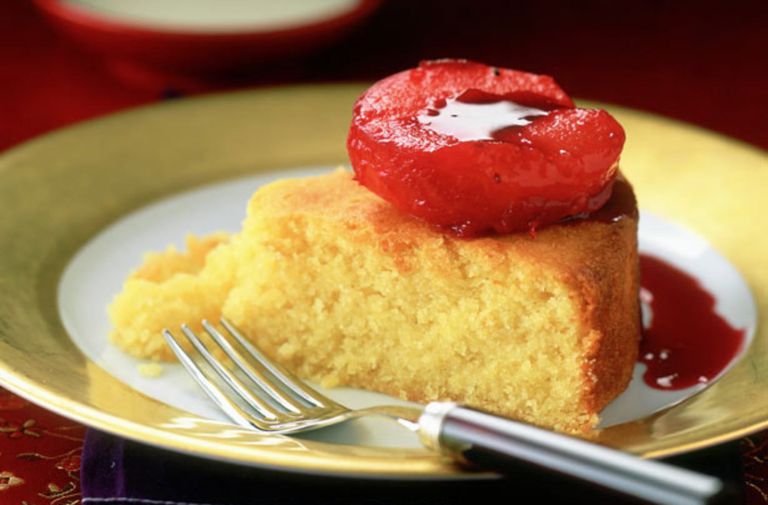 Gluten and dairy-free almond cake with poached plums