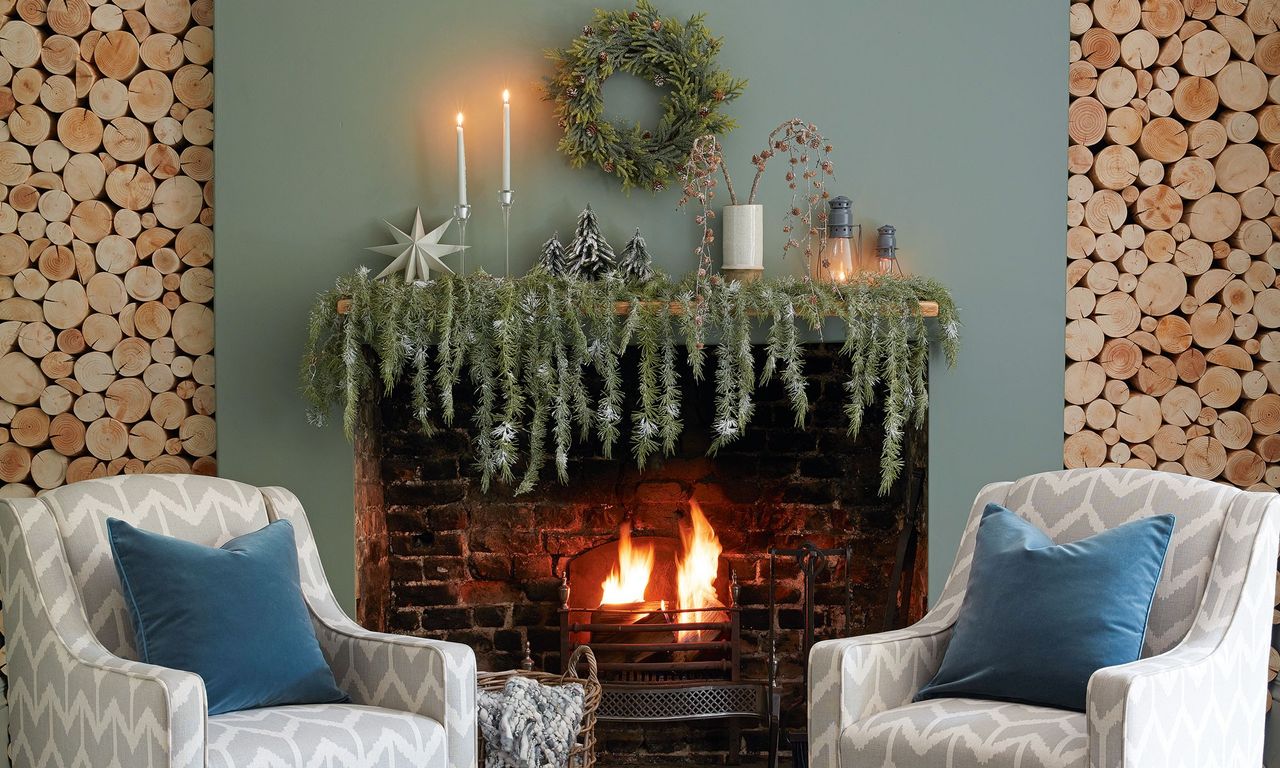 Green Christmas living rom with fireplace