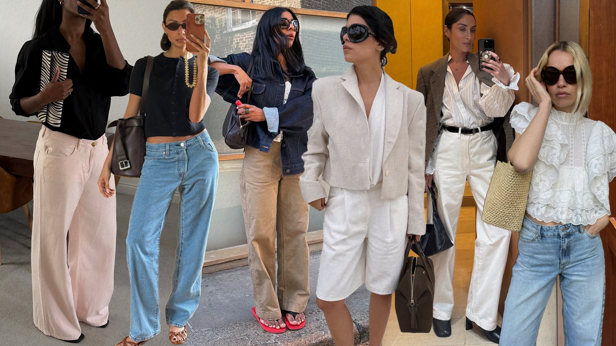 a collage of influencer outfit images featuring the top summer denim trends of 2026