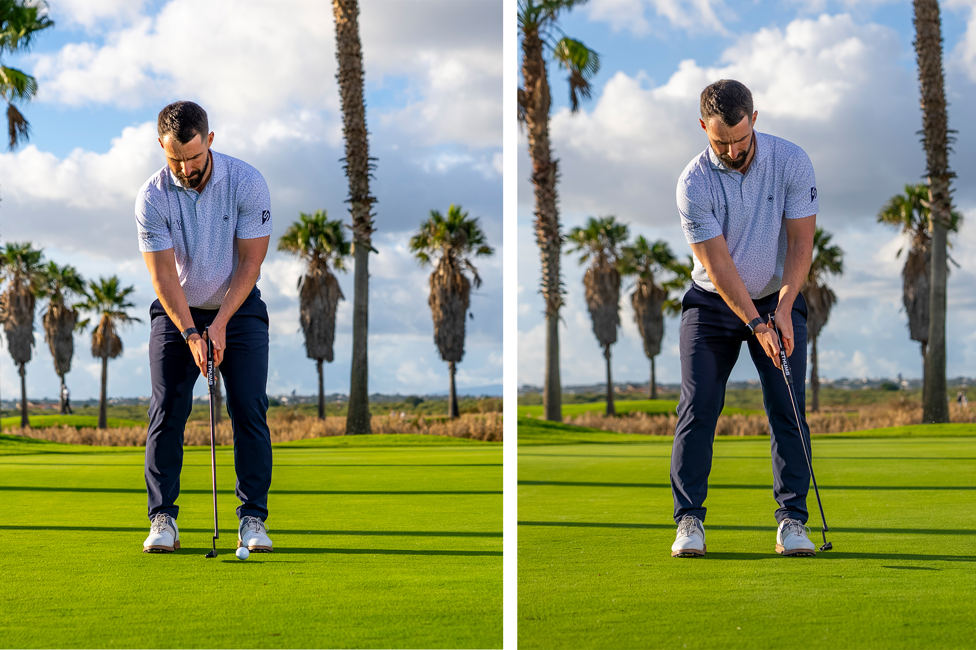James Jankowski in a side- by-side image demonstrating a synchronisation drill to help amateurs putt better