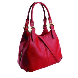 flat lay image of red leather handbag