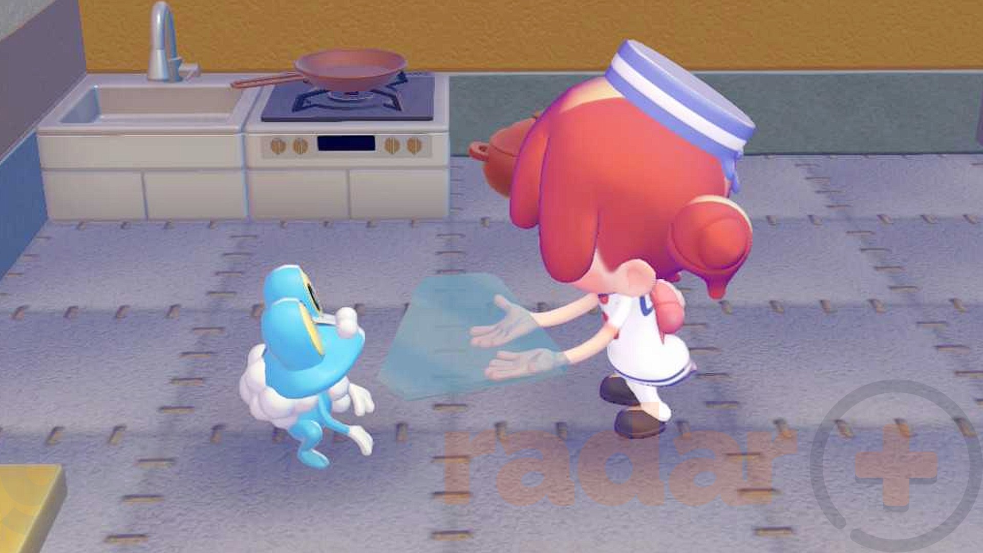 Ditto hands an item to Froakie during the Pokopia Jirachi event.