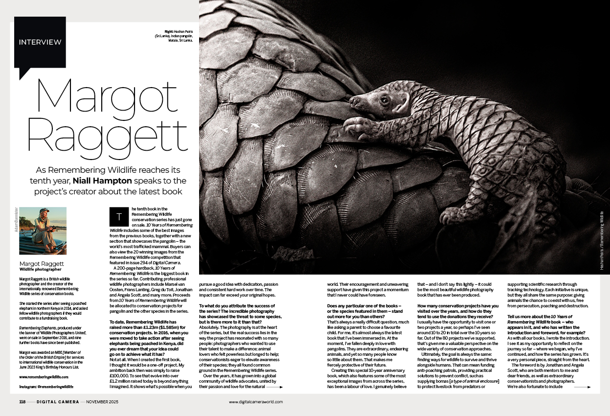 Image showing the first two pages of the interview with Margot Raggett, founder of Remembering Wildlife, who looks back over the first 10 years of the conservation project, in issue 300 (November 2025) of Digital Camera magazine