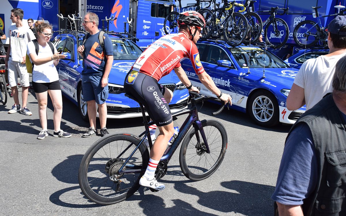Michael Morkov heads out for training in his Denmark national champion's jersey