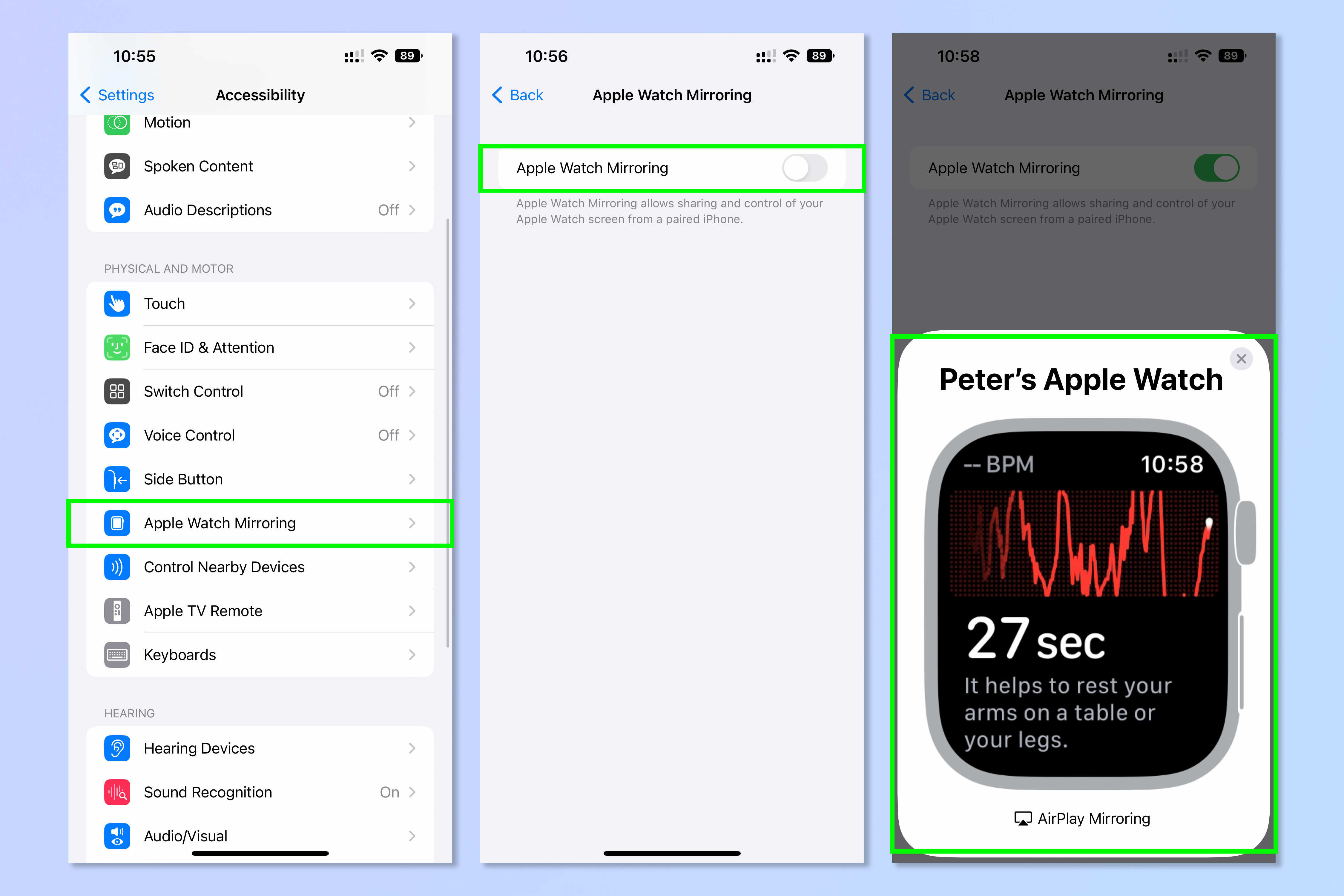 Screenshots showing how to use Apple Watch Mirroring on iOS 16