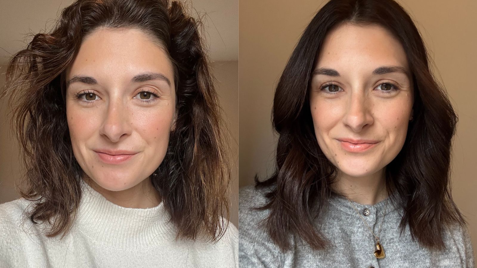 Beauty Editor Jess before starting to use ANSWR (L) and after (R