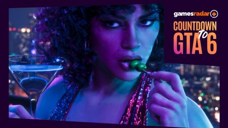 GTA 6 promo image of a woman in a dark nightclub holding a toothpick with olives on it to her lips, a martini glass in the other hand