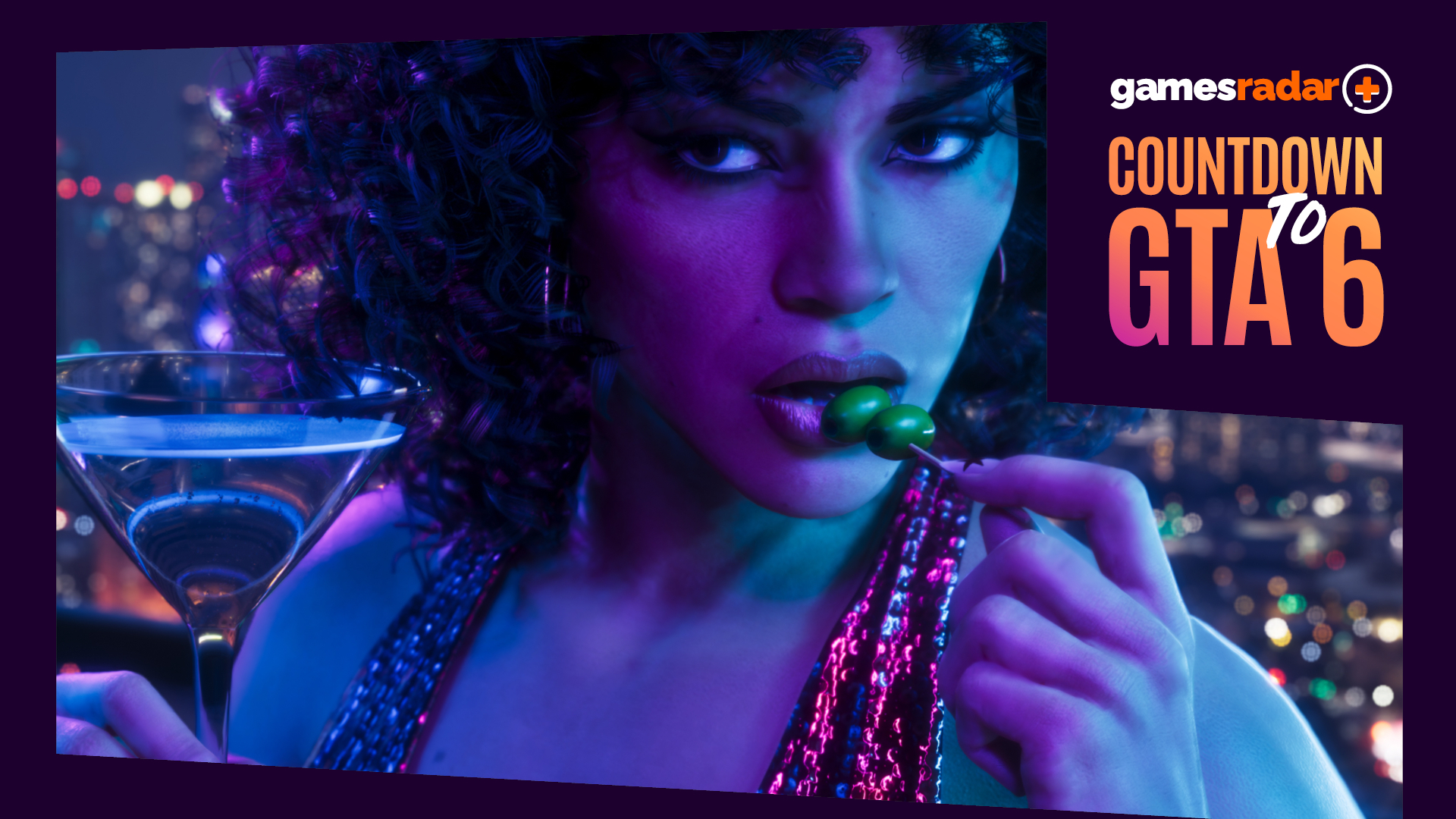 GTA 6 promo image of a woman in a dark nightclub holding a toothpick with olives on it to her lips, a martini glass in the other hand