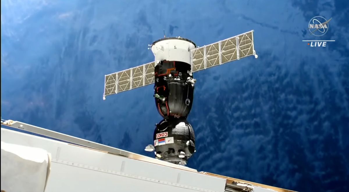 The Russian Soyuz spacecraft arrives at the space station