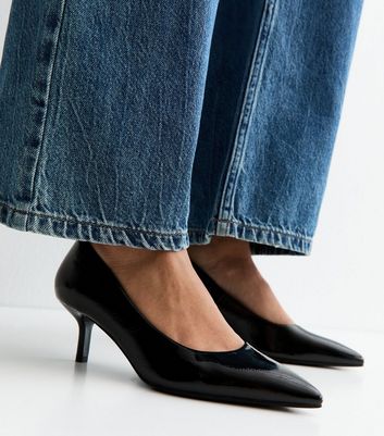 Black Patent Faux Leather Kitten Heel Court Shoes