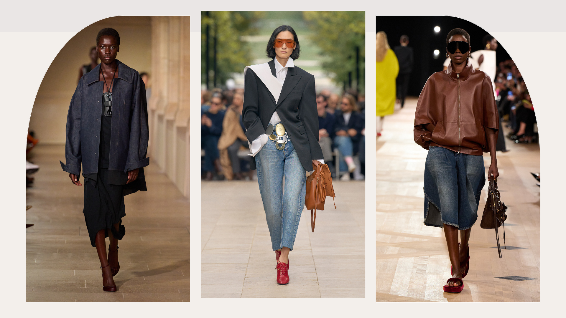 Victoria Beckham, Celine and Balenciaga runway models wearing 2026 denim trends