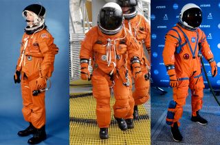 NASA's "pumpkin" suits: Launch Entry Suit (LES), used from 1988 to 1994; Advanced Crew Escape Suit (ACES), used from 1994 to 2011; and new Orion Crew Survival Suit (OCSS).