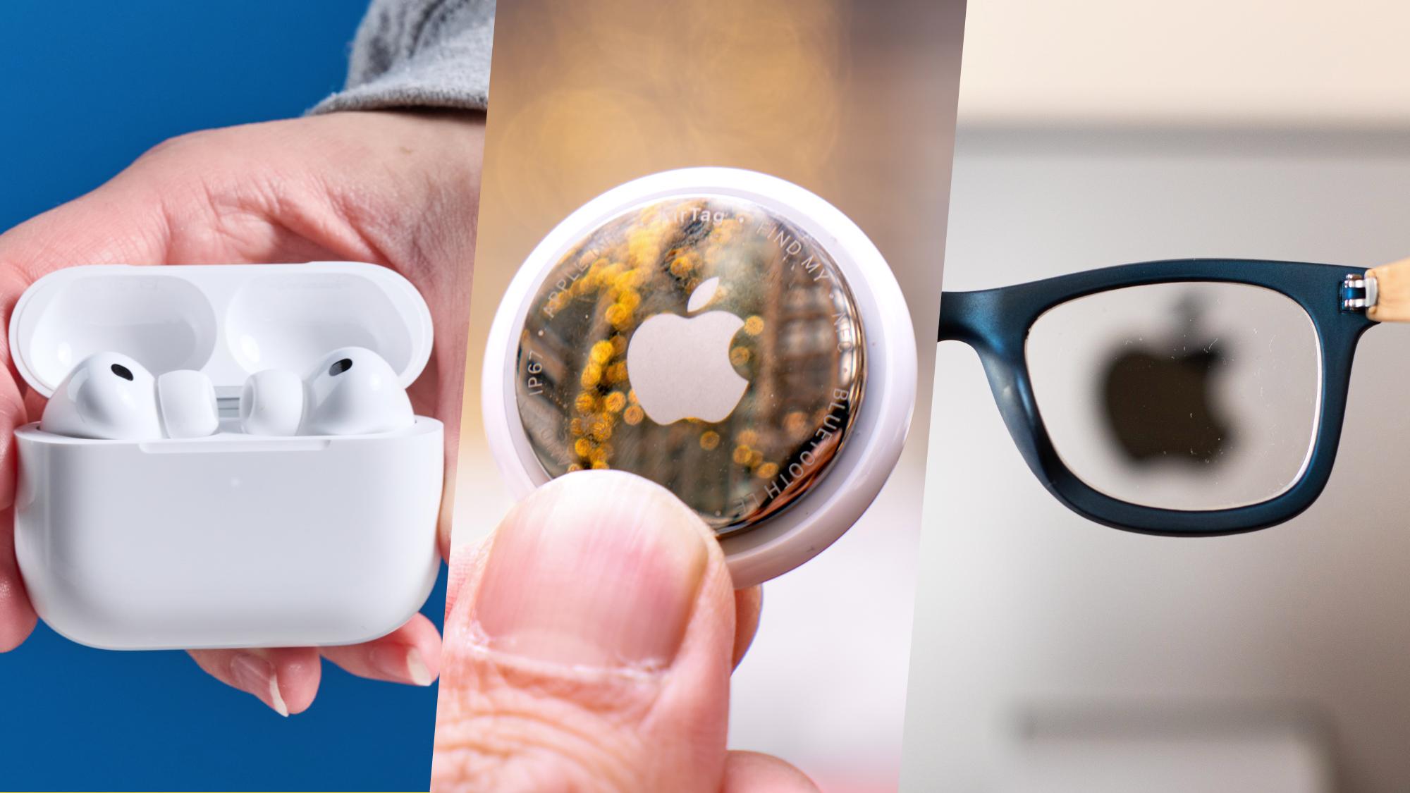 Collage of AirPds Pro 3 (left), Apple AirTag 2 (middle) and glasses with Apple logo in lens (right)