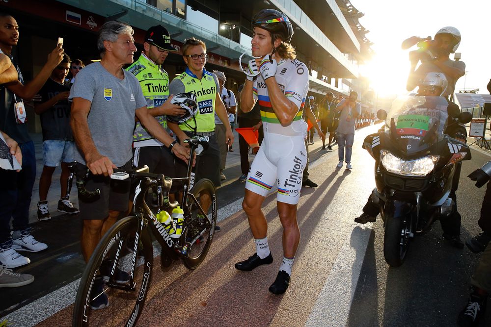 Peter Sagan has some fun during the final stage in Abu Dhabi with a 'dramatic' pit stop