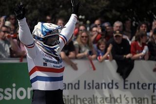 Tracy Moseley celebrates a World Cup win in front of the home crowds.