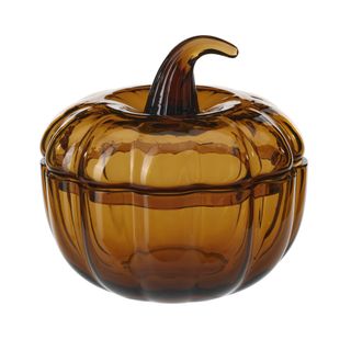 an amber glass pumpkin bowl with lid from ikea