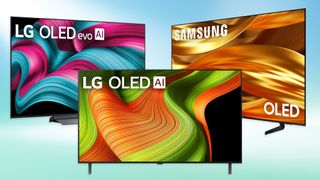 Three OLED TVs in a side-by-side composite: the LG C5, the Samsung S85F and the LG B5