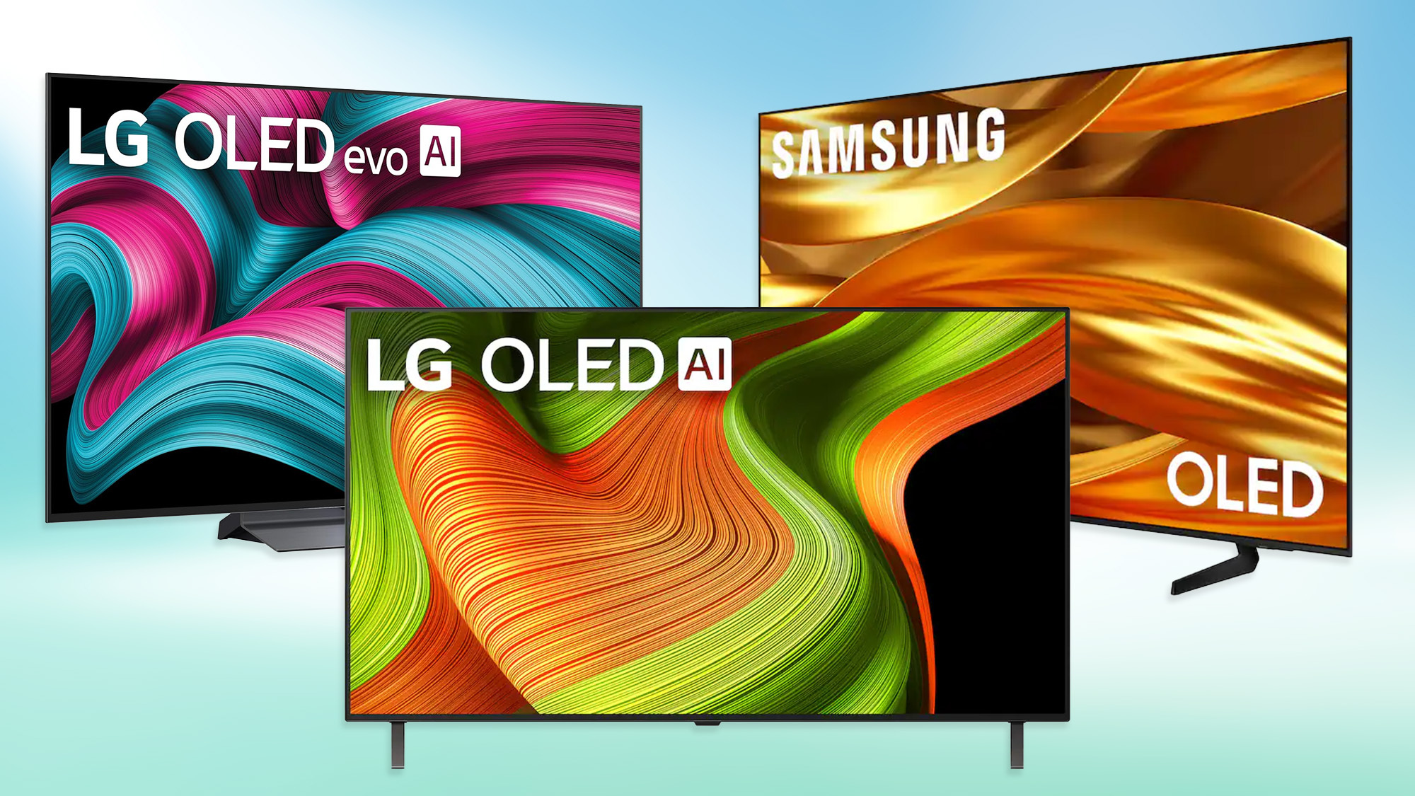 Three OLED TVs in a side-by-side composite: the LG C5, the Samsung S85F and the LG B5