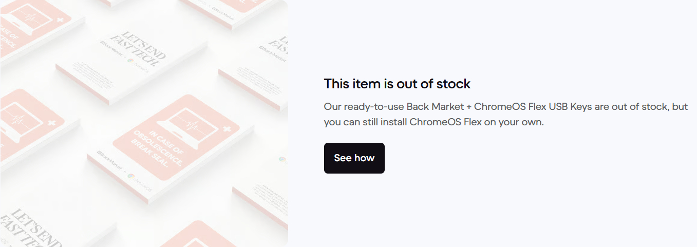 The image shows a notification that a Back Market ChromeOS Flex USB is out of stock, with several USB boxes in soft focus on the left.
