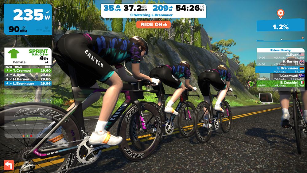 A screen shot from the Zwift training program featuring Canyon//SRAM and Tiffany Cromwell.