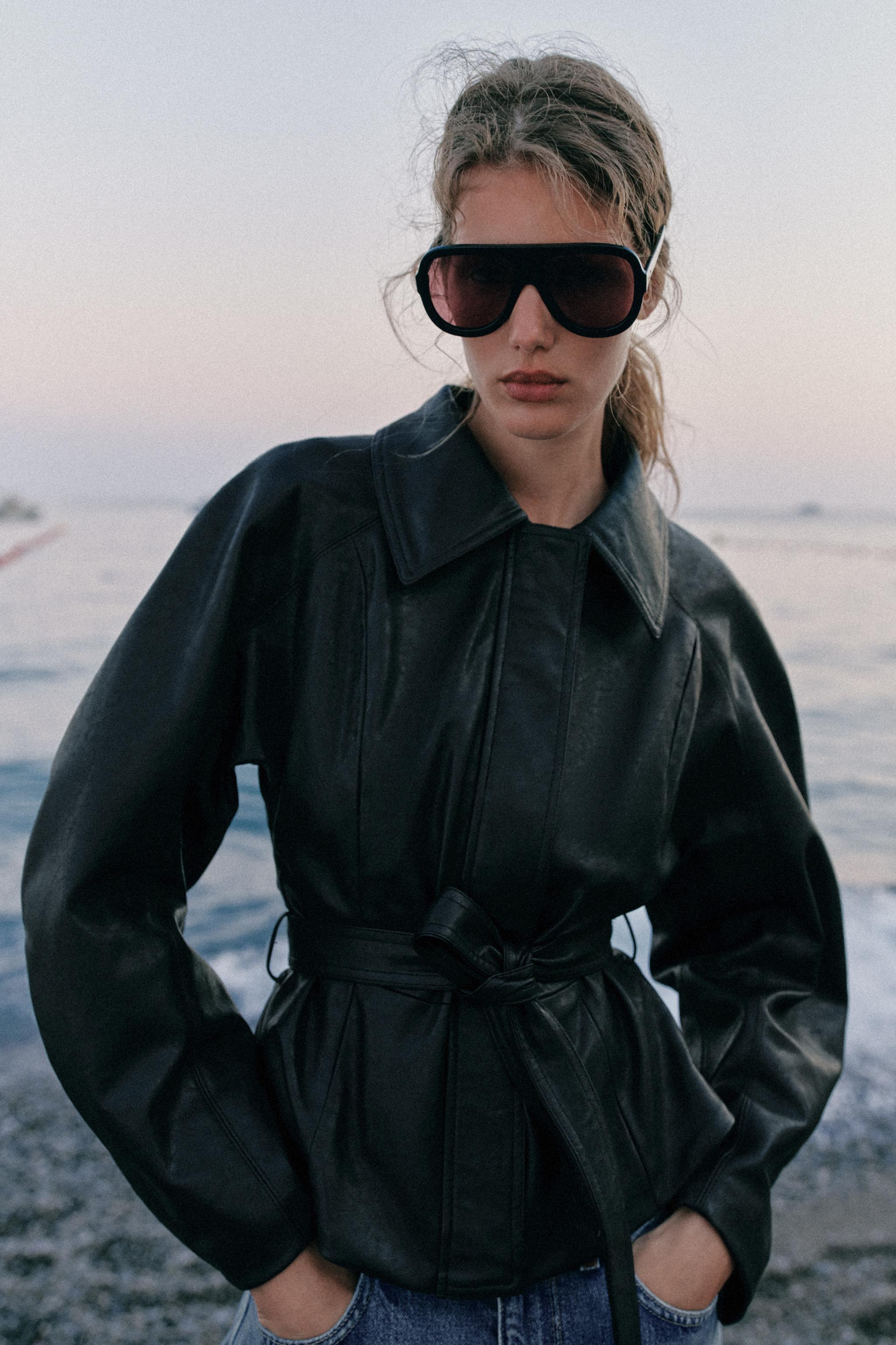 faux leather belted jacket