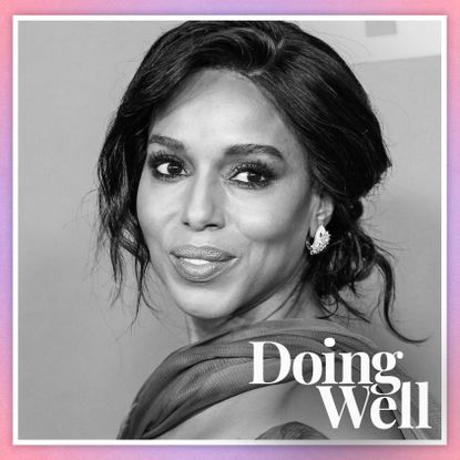 black and white photo of Kerry Washington on a pink and purple ombre background with text that says "Doing Well"