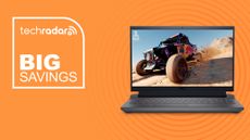 Dell G15 on orange background with big savings text overlay
