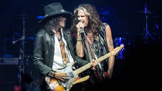 Joe Perry and Steven Tyler of Aerosmith perform live on stage at the Wells Fargo Center on September 02, 2023 in Philadelphia, Pennsylvania