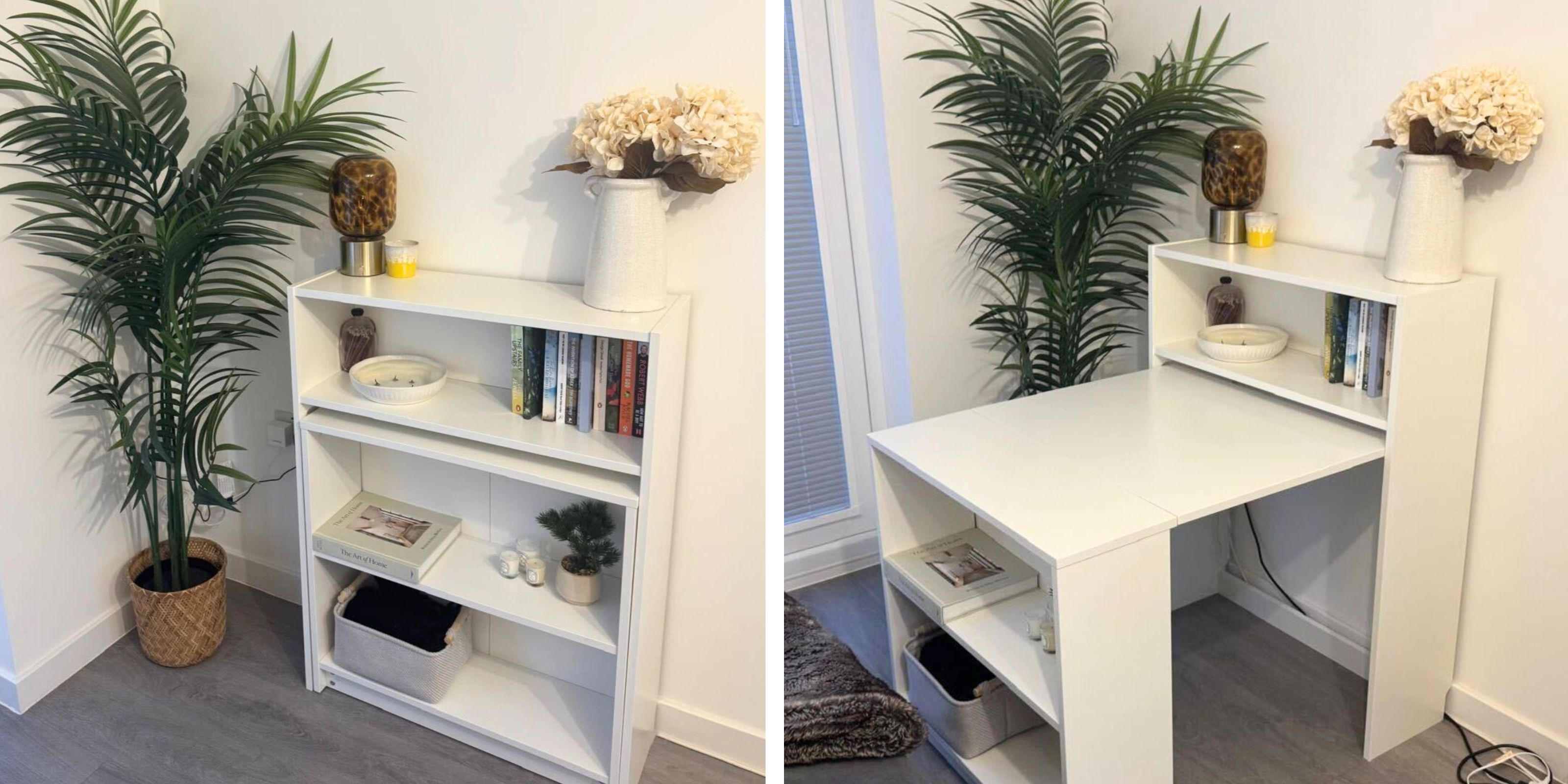 A side by side of the IKEA billy bookcase, on one side its a decorated book case and on the other it's folded out into a desk