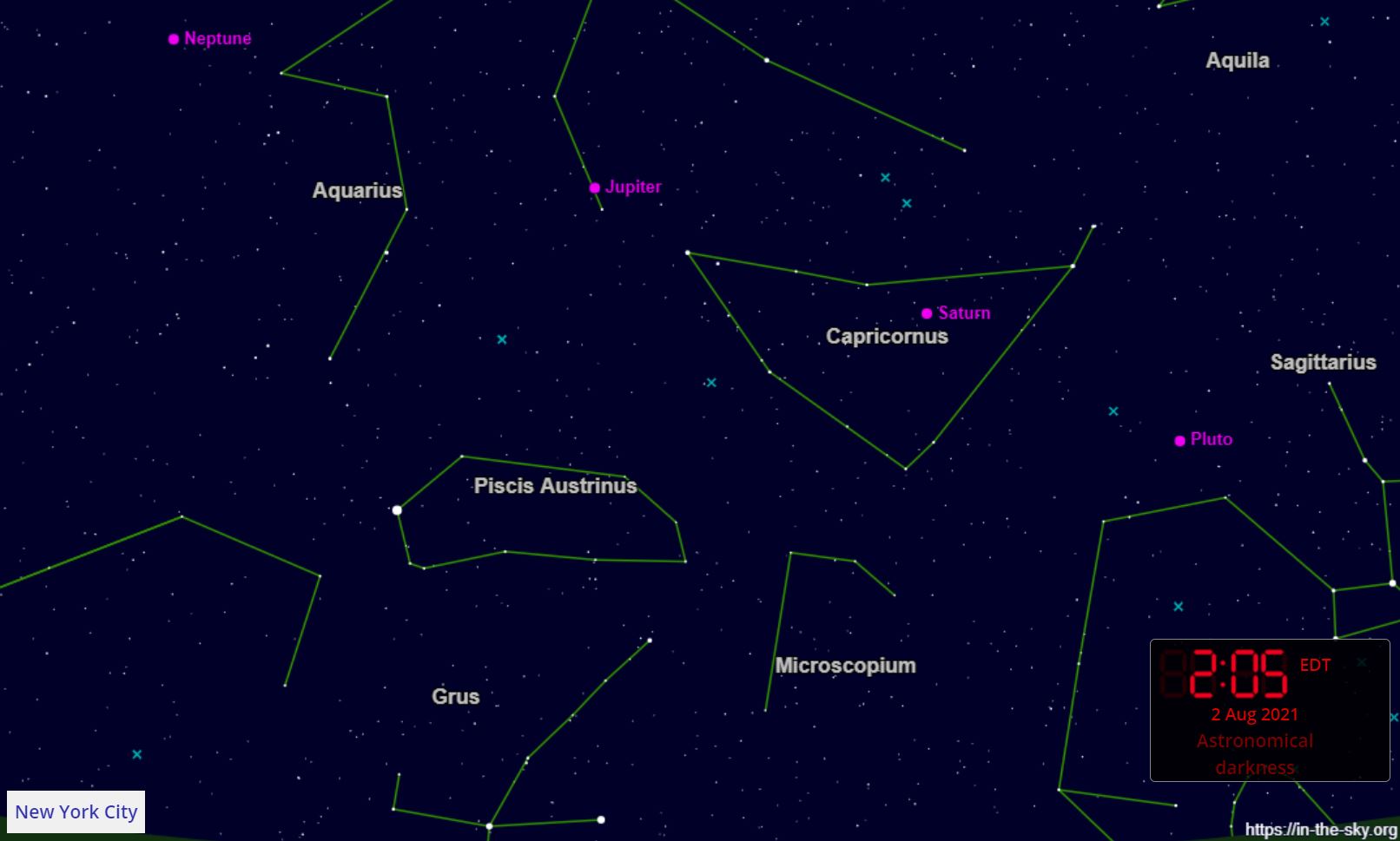 The night sky when viewed looking south from New York City around 2:00 a.m. local time, when Saturn reaches opposition. This image was created by Dominic Ford from In-the-sky.org.